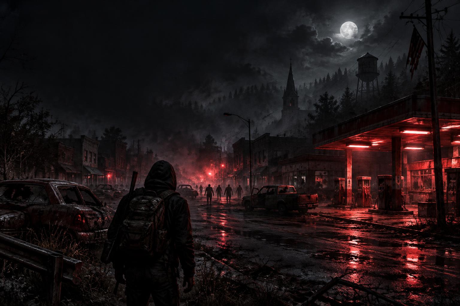 A lone survivor faces an abandoned city under red emergency lights